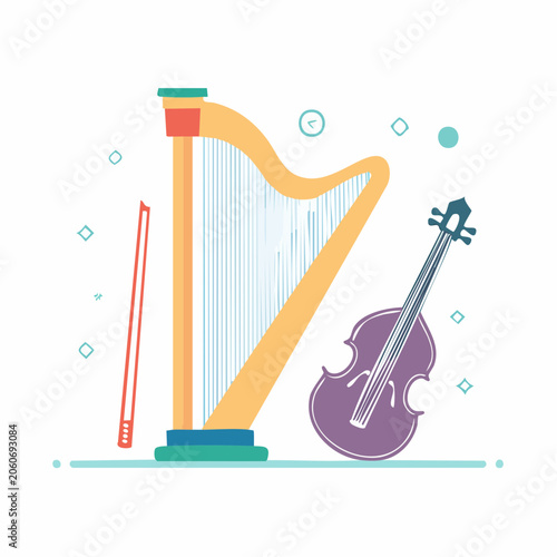 Harp and Cello with Bow Illustration