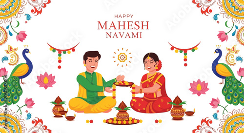Happy Mahesh Navami celebration with a traditional Indian couple performing rituals and decorative elements
