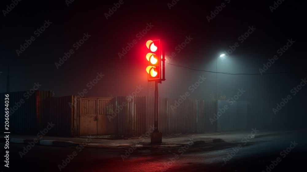 Fototapeta premium Red traffic light glowing in foggy night scene illuminating the dark street with a mysterious atmosphere and minimal visibility around the surrounding area