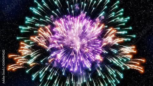 Vibrant fireworks exploding in night sky with colorful sparks and smoke