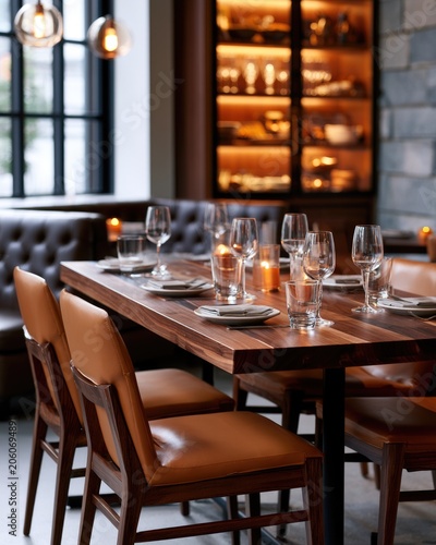 Elegant restaurant table set with glassware, plates, and leather chairs in a cozy, warmly lit dining area.