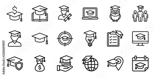 Fotografi Set of education and school line icons with graduation cap education icon study