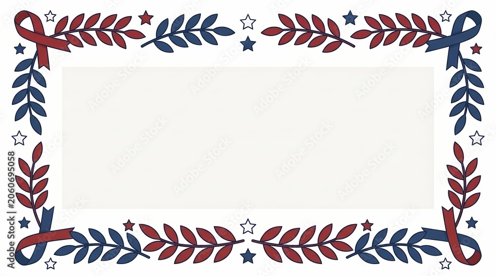 Fototapeta premium Memorial Day remembrance template with red, blue leaves and stars border