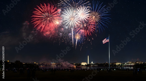 Festive Red White and Blue Fireworks Illuminating the Night Sky Over a City Skyline During a National Celebration