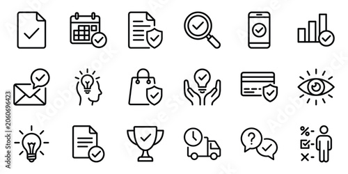 Quality assurance and task verification line icon collection with verification checklist approval document certified