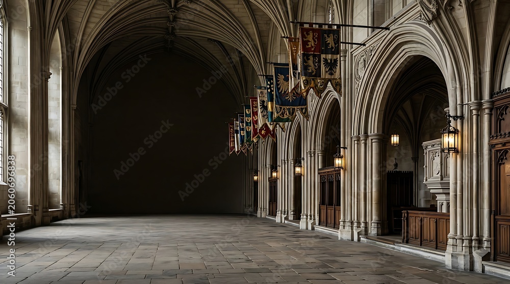 Obraz premium Medieval gothic stone hall with vaulted ceilings and banners