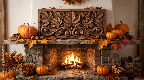 Cozy rustic fireplace decorated with autumn leaves and pumpkins