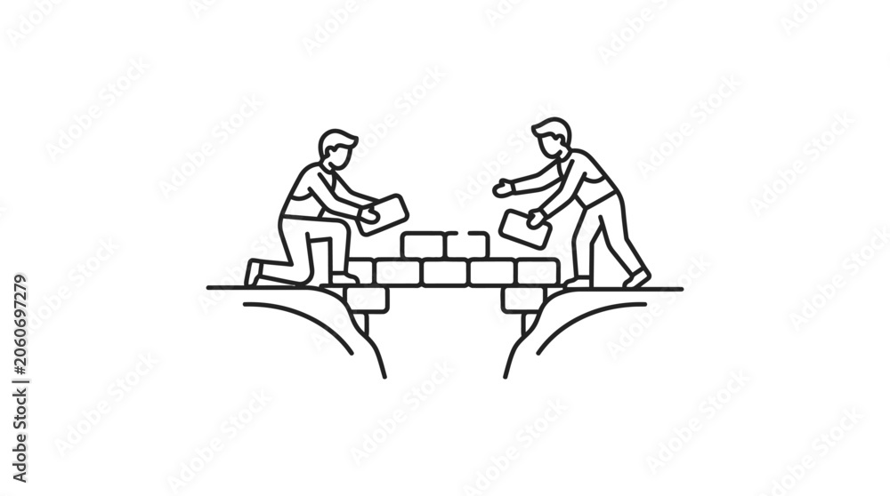 Obraz premium Two workers building a stone bridge together.