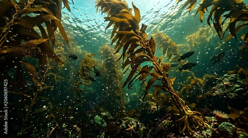 Sunlight filtering through a dense underwater kelp forest with fish
