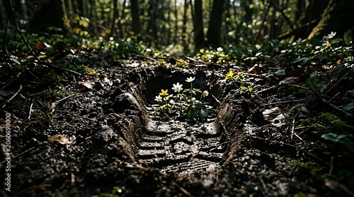 Wildflowers growing inside a muddy footprint on a forest floor