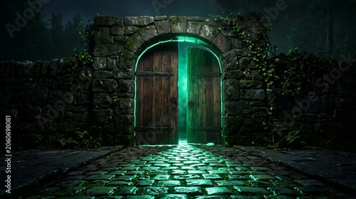 Mysterious stone archway with open wooden doors and glowing green light