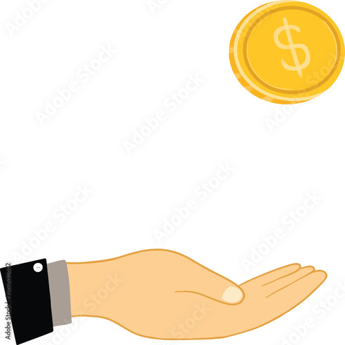 Obraz na plátně Open Hand Palm Receiving Golden Dollar Coin Falling Finance Concept Illustration