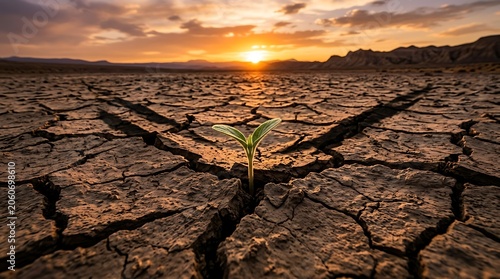 Green sprout growing in cracked dry soil at sunset