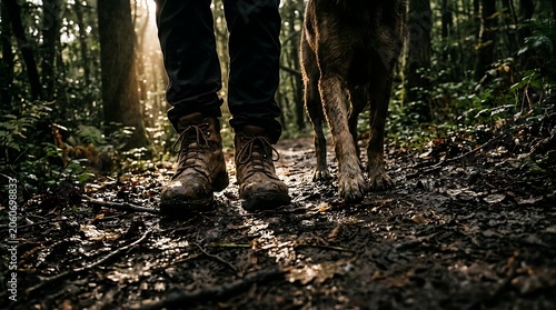 Hiker and dog walking on a muddy forest trail at sunset