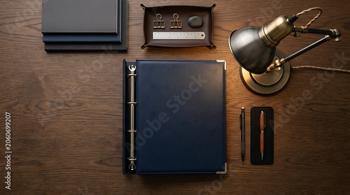 Professional workspace with blue leather binder and vintage desk lamp