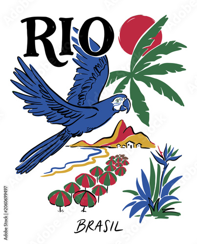 Colorful hand-drawn travel illustration of Rio de Janeiro, Brazil, showcasing a majestic blue macaw parrot flying over a beach with palm trees, mountain peaks, and coastal scenery.