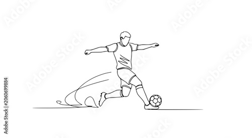 Fotografie Continuous line drawing of a soccer player kicking a ball, dynamic motion, on wh