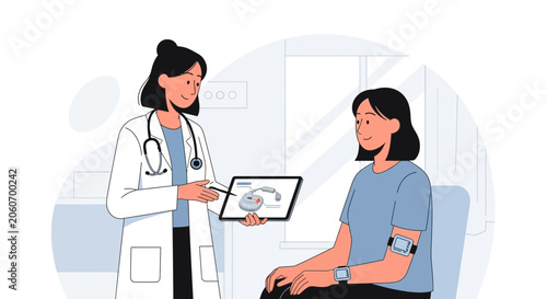 Doctor explaining medical information to patient with wristband and tablet