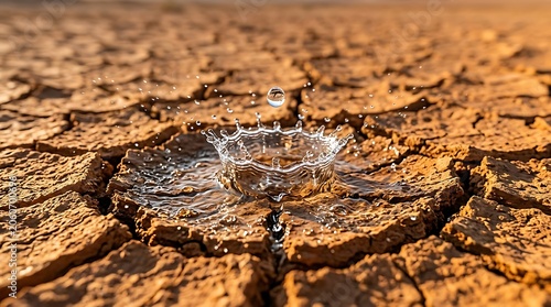 Single water drop creates a splash on parched arid earth