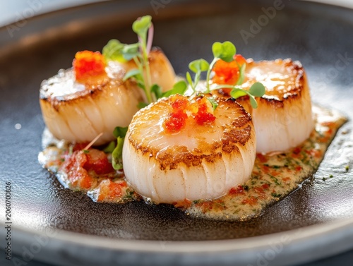 Three Glazed Scallops on Crispy Base with Diced Vegetables and Microgreens seafood caramelized