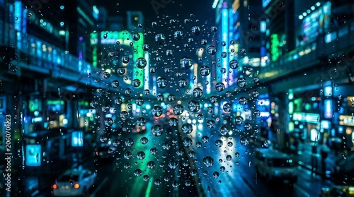 Raindrops on glass with blurred neon city lights at night