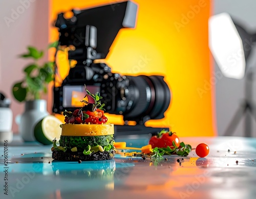 A hamburger on a table with a camera and lighting equipment