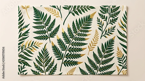 Elegant fern leaf pattern placemat on textured linen fabric