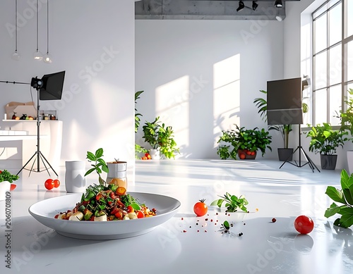 A plate of food on a white table in a studio