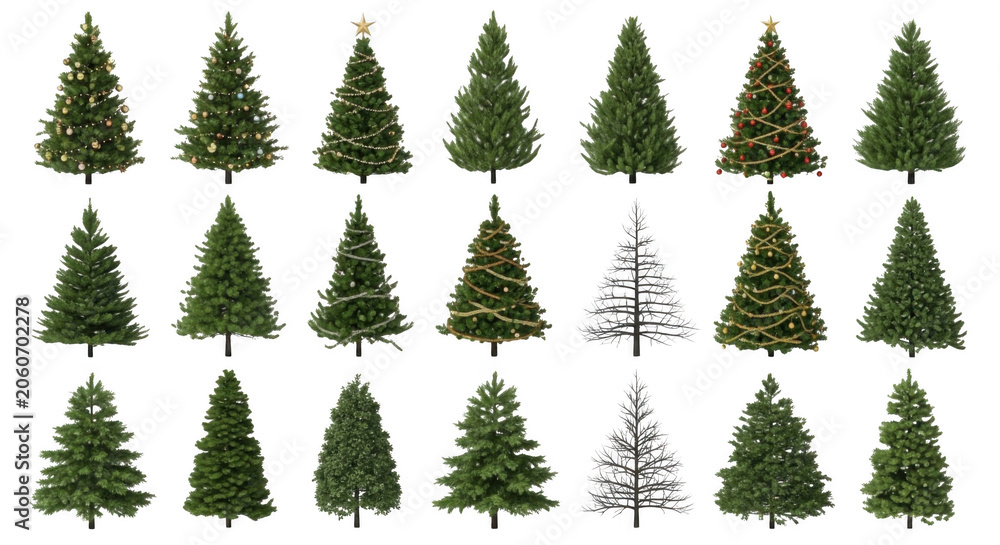 Obraz premium Collection of various christmas tree with ornaments, garlands, and snow-covered branches isolated on a black background