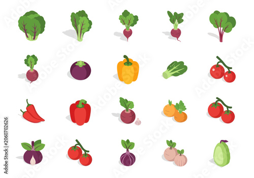 Collection of Fresh Vegetables and Fruits in Isometric Style.