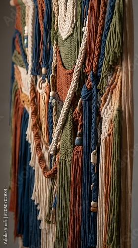 Textured bohemian woven wall tapestry in earth tones and blue