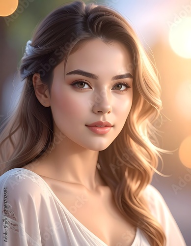 A young woman with long brown hair and a white top looks directly at the camera with a subtle smile