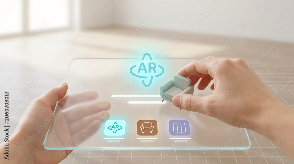 Obraz premium User Hands Holding Transparent Glass Tablet Using Augmented Reality AR App for Interior Design and Furniture Placement in Bright Empty Room