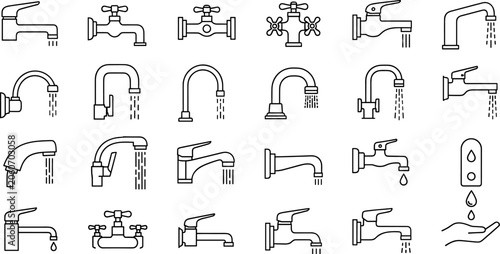 Obraz na płótnie Water Tap and Faucet Line Icon Vector Set with Kitchen Mixer, Bathroom Valves, R