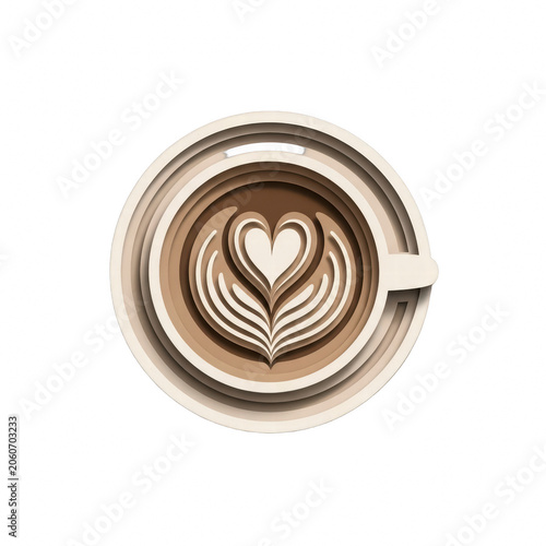 Paper cut style coffee cup with heart latte art