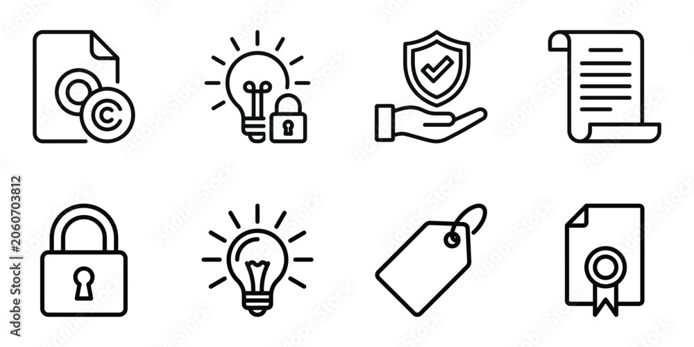 Fototapeta premium Set of legal intellectual property and security line art icons with copyright security certificate document business