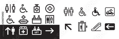 Public navigation and facility vector icons set featuring restroom wheelchair accessibility elevator escalator first aid and directional arrows