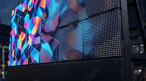 Large outdoor LED display screen with colorful geometric pattern
