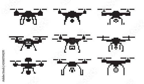 Foto Pixel drone icons set, simple flat style quadcopter with different payloads on white background