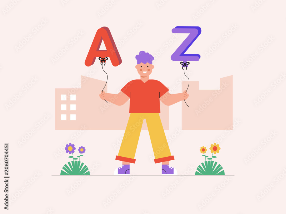 Fototapeta premium A young boy holding balloons shaped like the letters 'A' and 'Z'. Human alphabet illustrations. Flat vector concepts.