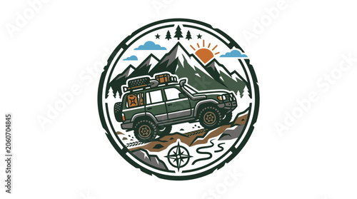 Adventure badge with off-road SUV and mountain landscape.