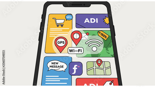 Smartphone screen with social media icons.
