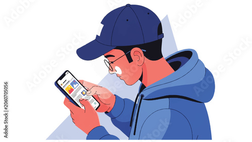Young man using smartphone with glasses.