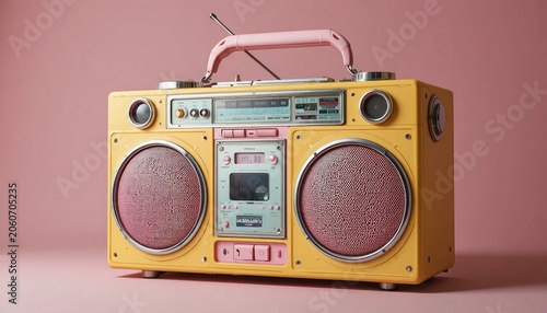 Vintage yellow boombox with pink accents on a pink background, a classic retro music player with large speakers and a cassette player