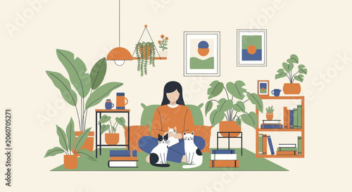 Bild auf Leinwand Woman relaxing with cats and plants indoors.