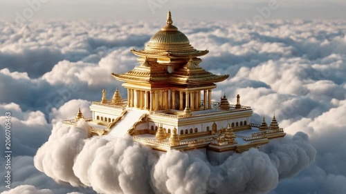 Celestial Temple Above Clouds: A magnificent golden temple, inspired by Asian architecture, rests majestically atop a fluffy cloud formation, bathed in ethereal light.
