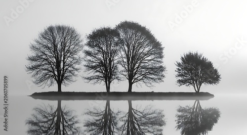 Minimalist black and white landscape of trees reflected in misty lake
