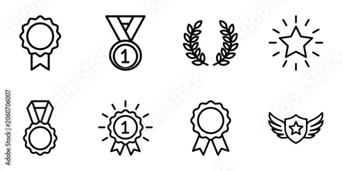 Obraz na plátně Awards and achievements line icon set featuring medals and ribbons award winning