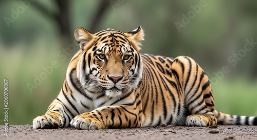 Majestic tiger resting on forest ground while looking alert