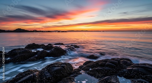 Sunset over rocky coastline with motion blur water